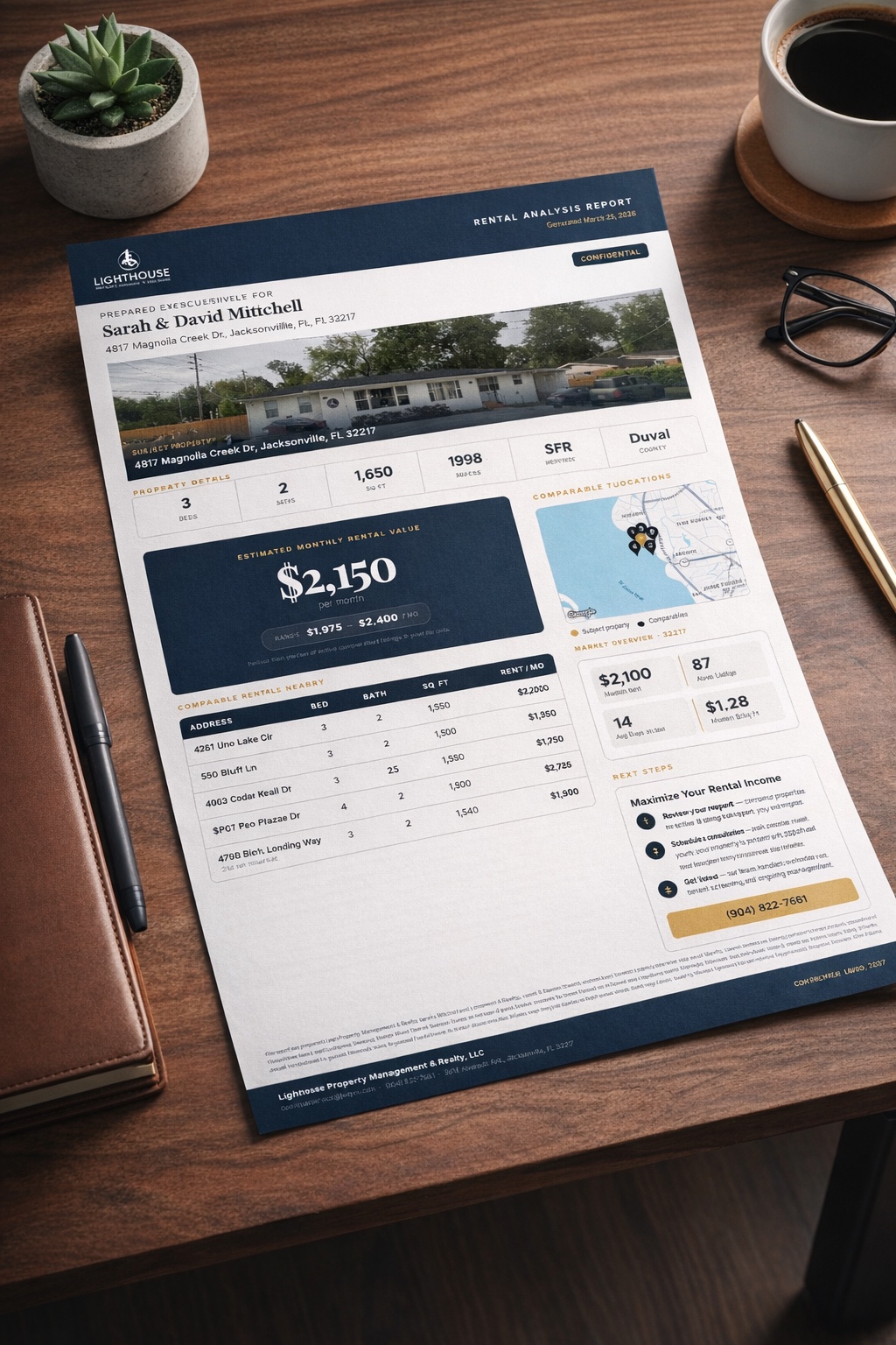Sample rental analysis PDF report with pricing data and charts